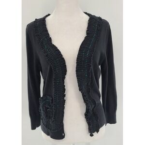 Y2K Retro Sparrow Women Cardigan Sweater Size M Black Green Stitch Detail Ruffle